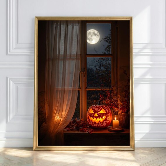 Pumpkin Moonlight Cozy Halloween Window Art Autumn Night Wall Print
