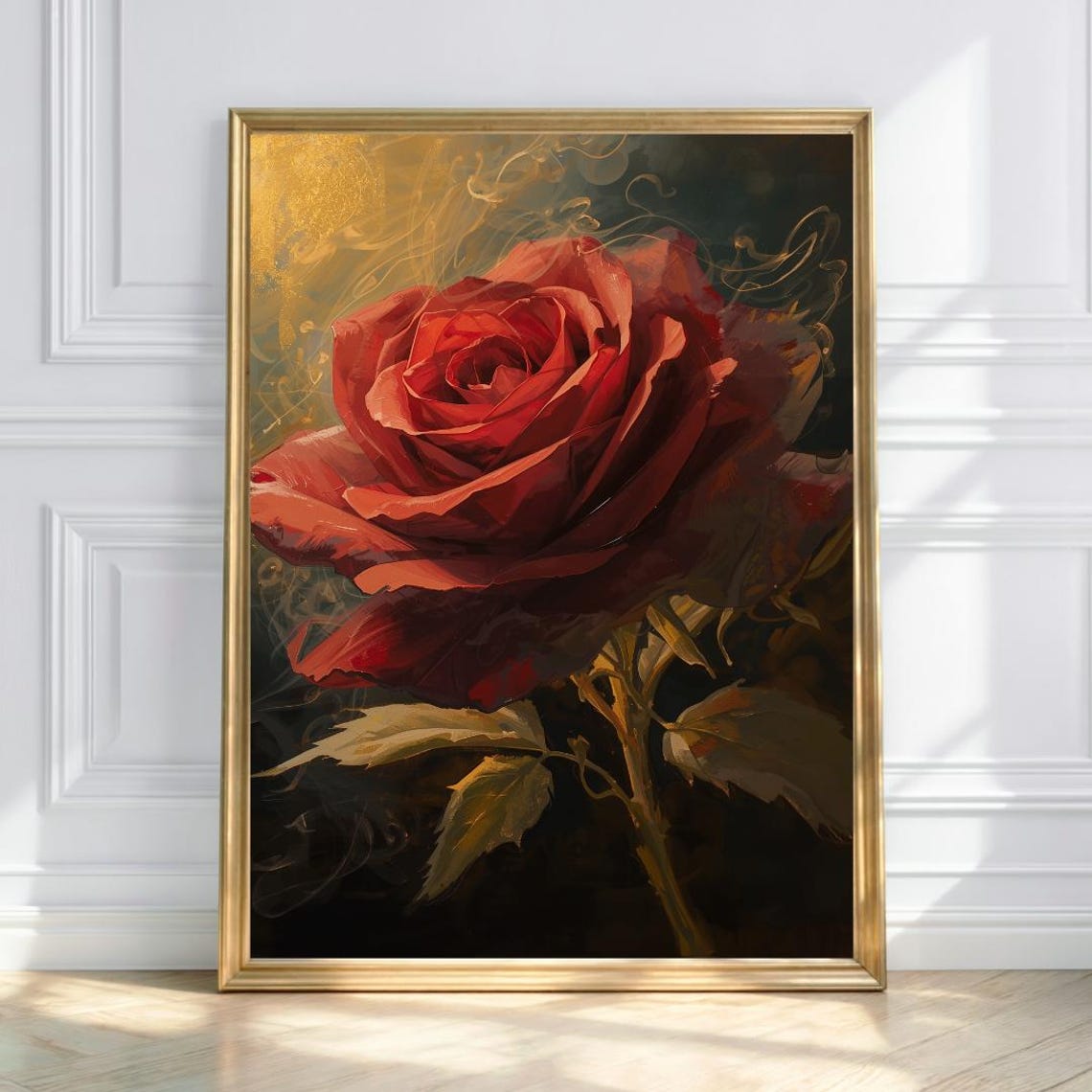 Bold Red Rose Oil Painting on Dramatic Dark Floral Art Poster