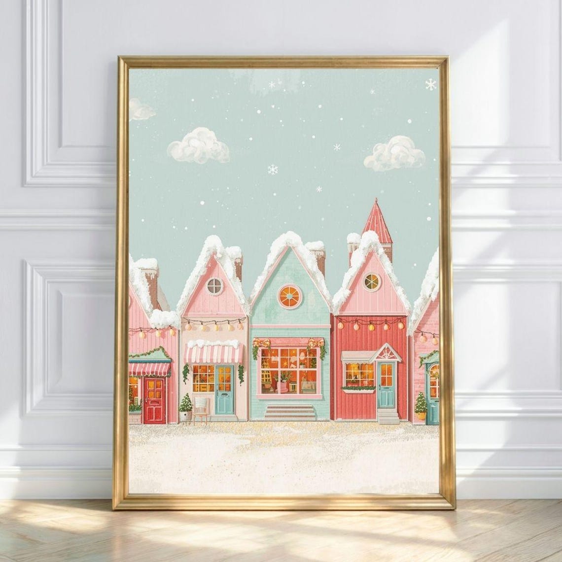 Pastel Christmas Village Shops Snowy Winter Street Scene Poster