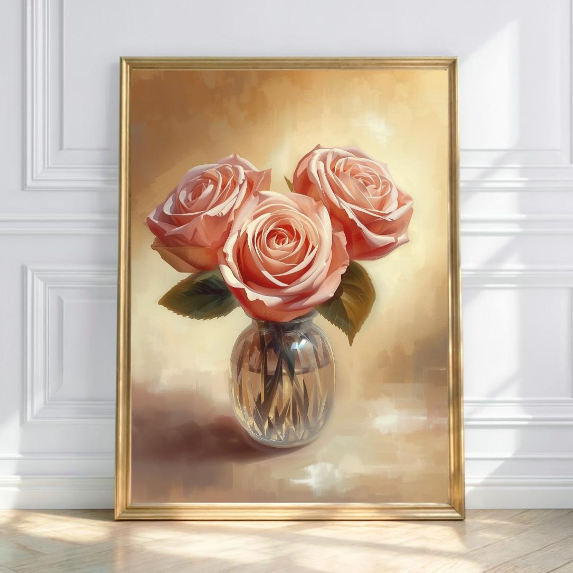 Three Blush Roses in Glass Vase Warm Romantic Floral Art Poster