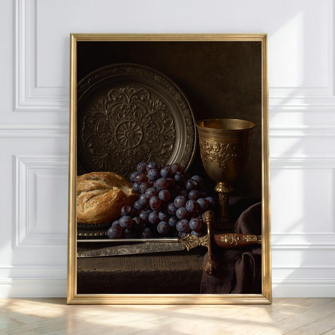 Renaissance Feast Still Life Grapes Bread Goblet Dagger Dark Poster