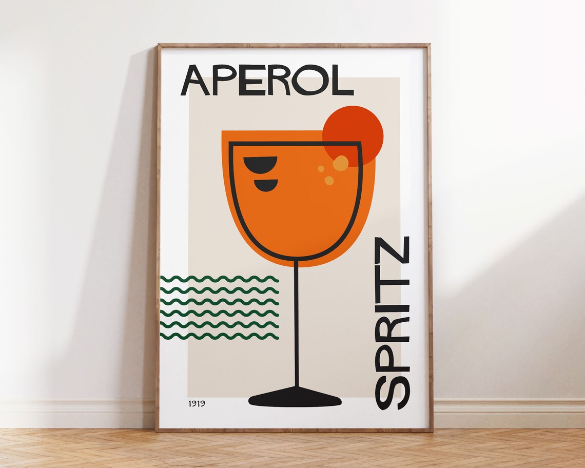 Aperol Spritz Cocktail Art Print, Mid-Century Retro