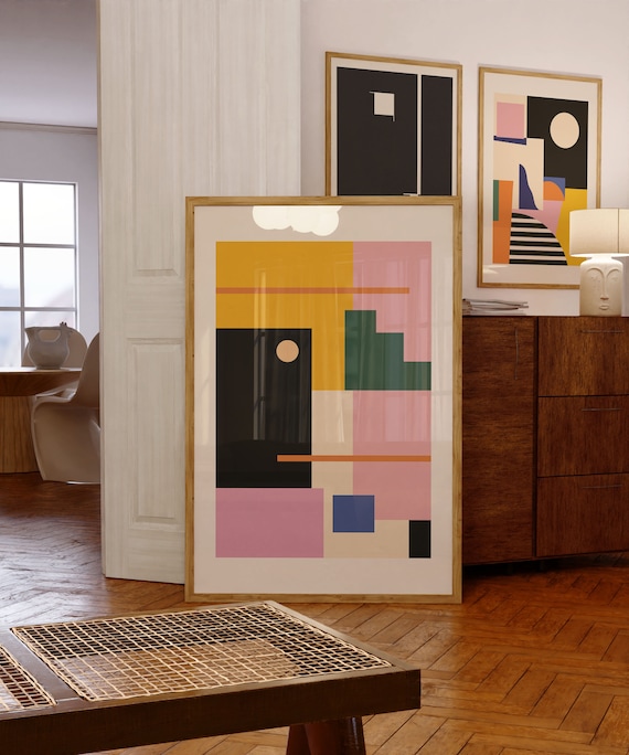 Abstract Geometric Color Blocks Mustard Pink Black Modern Art Poster