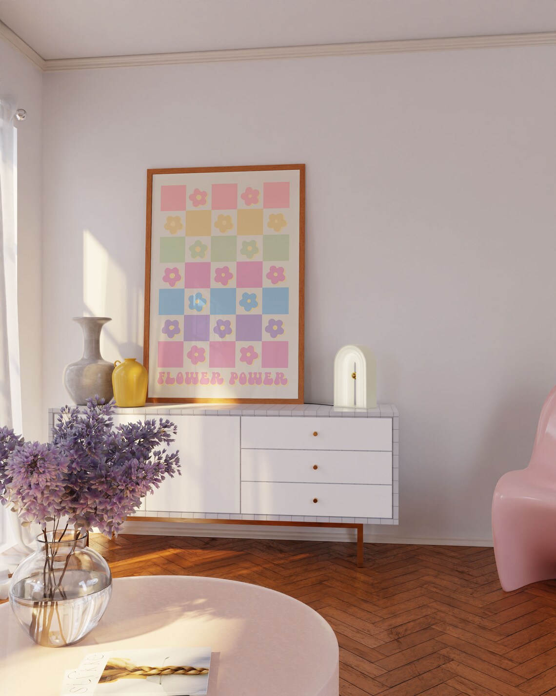 Flower Power Pastel Checkered Daisy Groovy Retro 70s Wall Art - Image 3