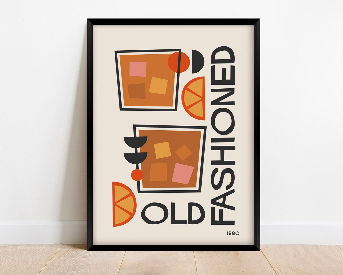 Old Fashioned Cocktail Print, Retro Mid-Century Bar Decor