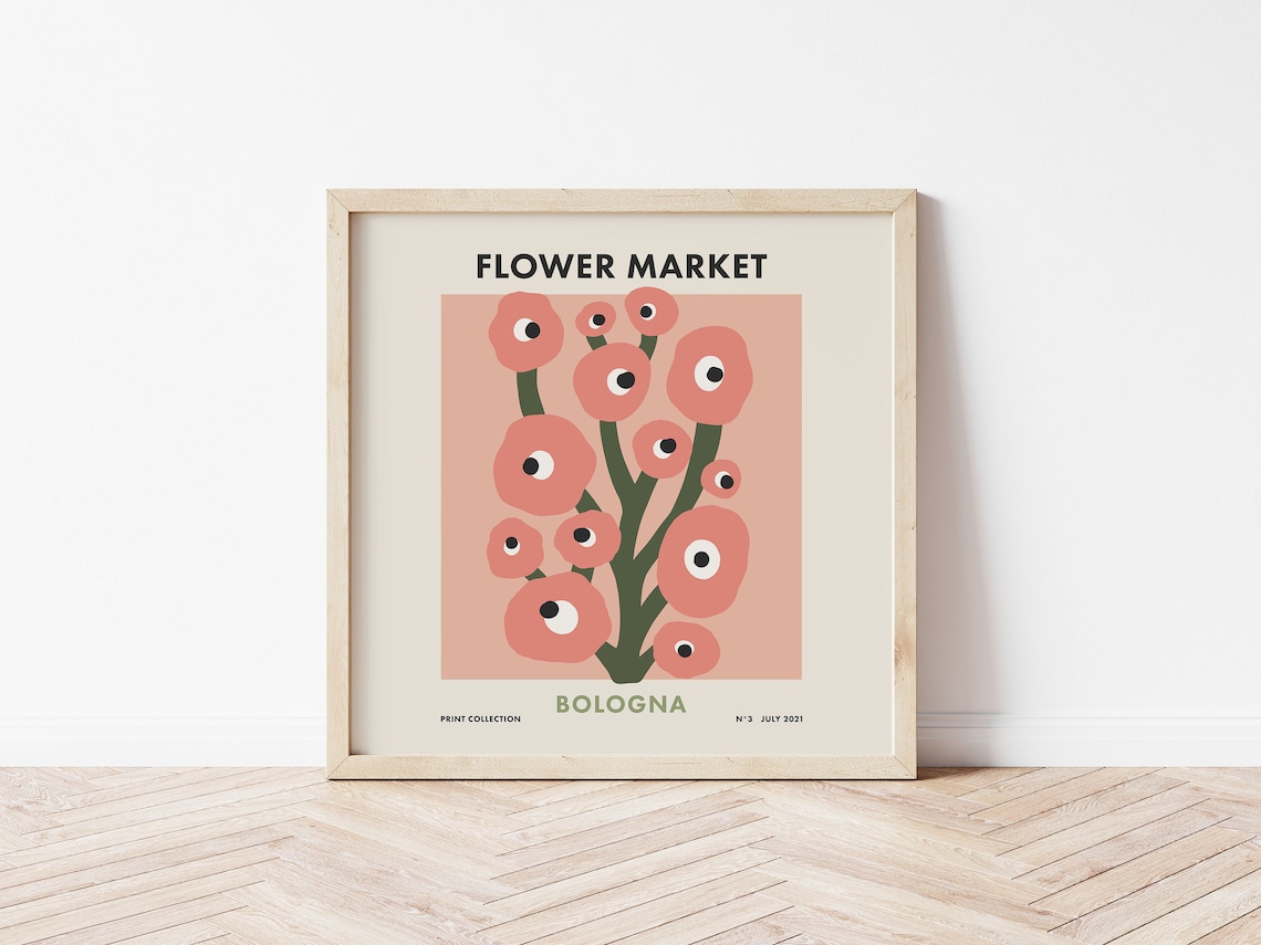 Flower Market Bologna Coral Pink Floral Retro Square Art Poster - Image 3