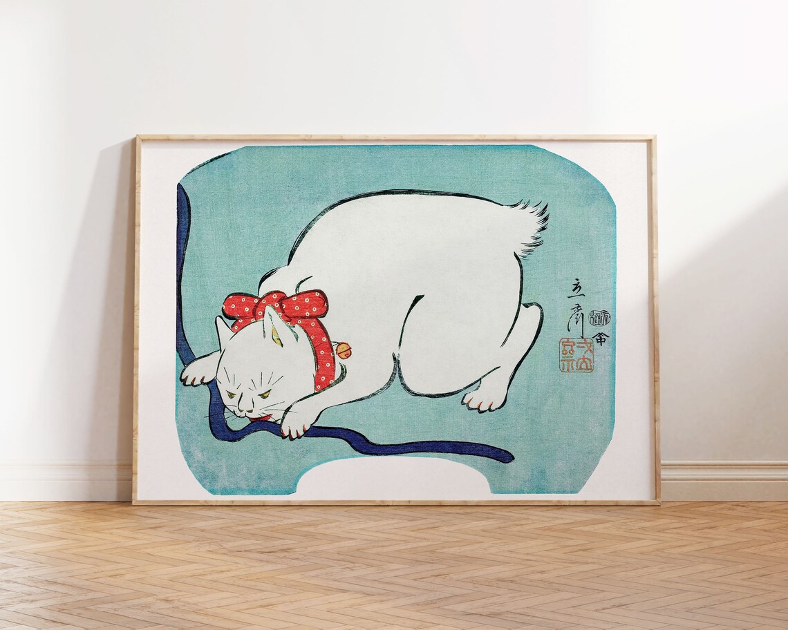 Famous Vintage Japanese White Cat Red Bow Woodblock Art Poster
