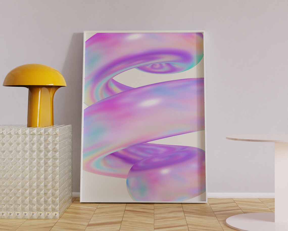 Y2K Iridescent Pink Purple Spiral Glossy 3D Swirl Abstract Art Poster