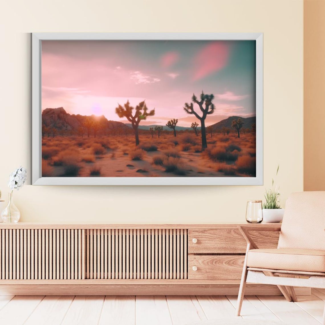 Joshua Tree Desert Sunset Pink Sky Southwest Landscape Poster