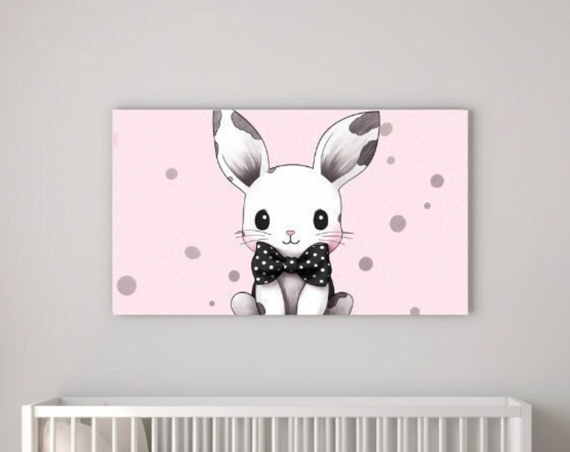 Baby Bunny with Black Polka Dot Bow Tie on Pink Nursery Poster