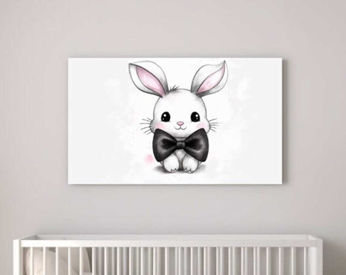 Adorable White Bunny with Big Black Bow Tie Nursery Wall Art