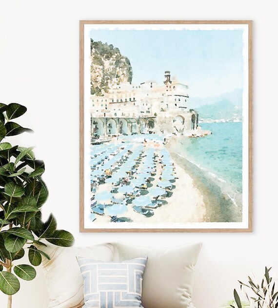 Atrani Amalfi Coast Watercolor Poster with Italian Beach Town Scene Art