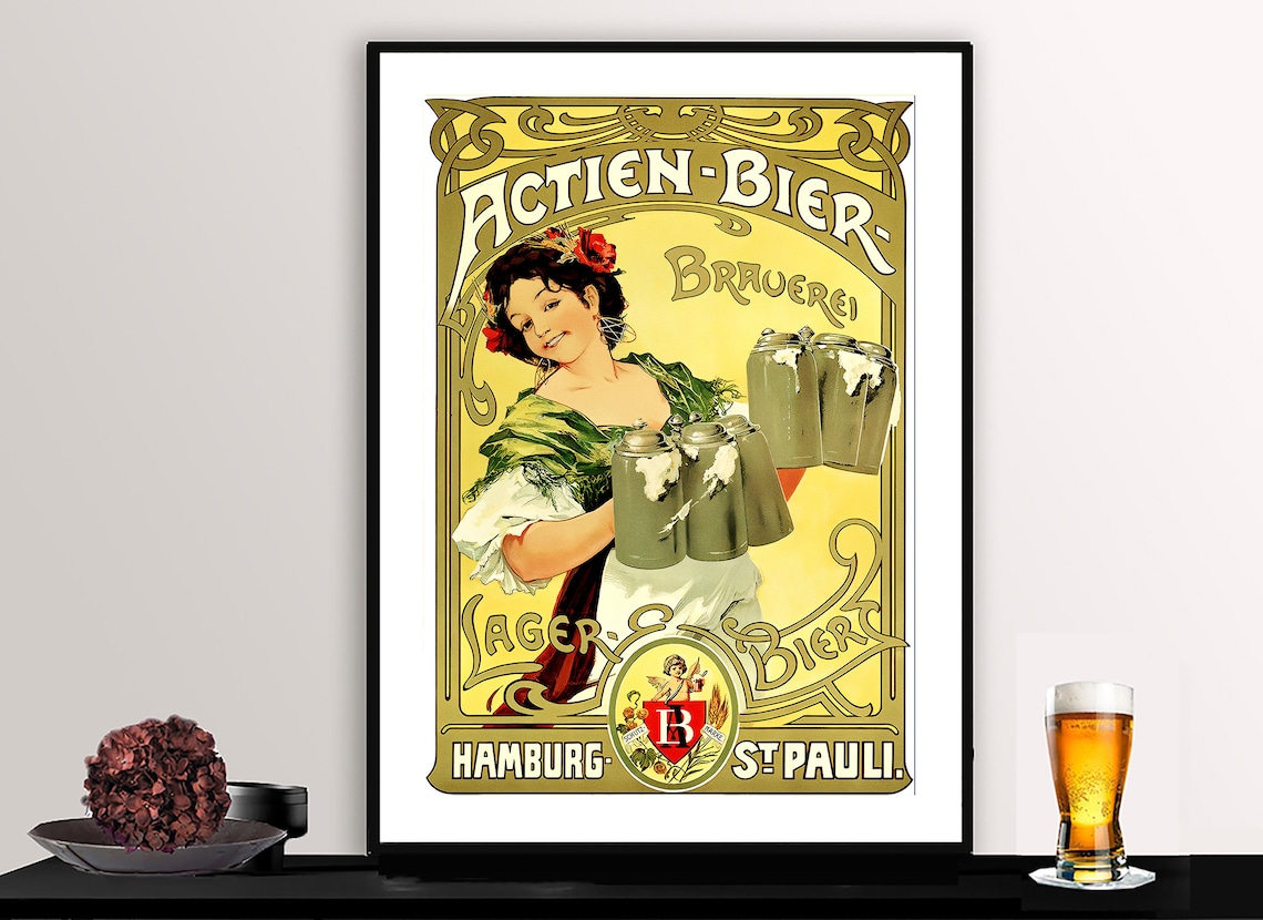 Actien Bier Hamburg St Pauli Art Nouveau Beer Maid Stein Poster