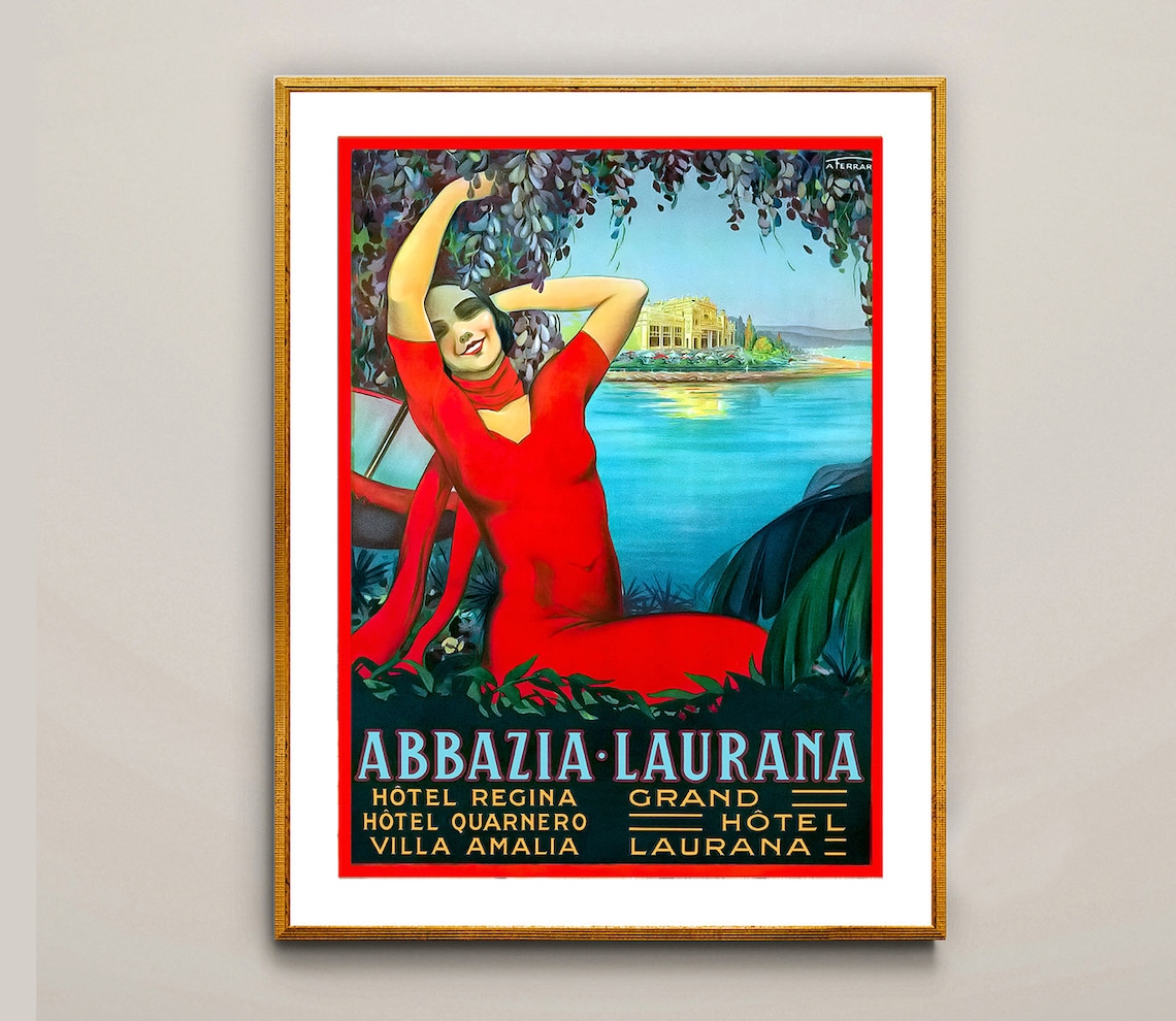 Sunny Abbazia Laurana Grand Hotels Vintage Adriatic Travel Poster