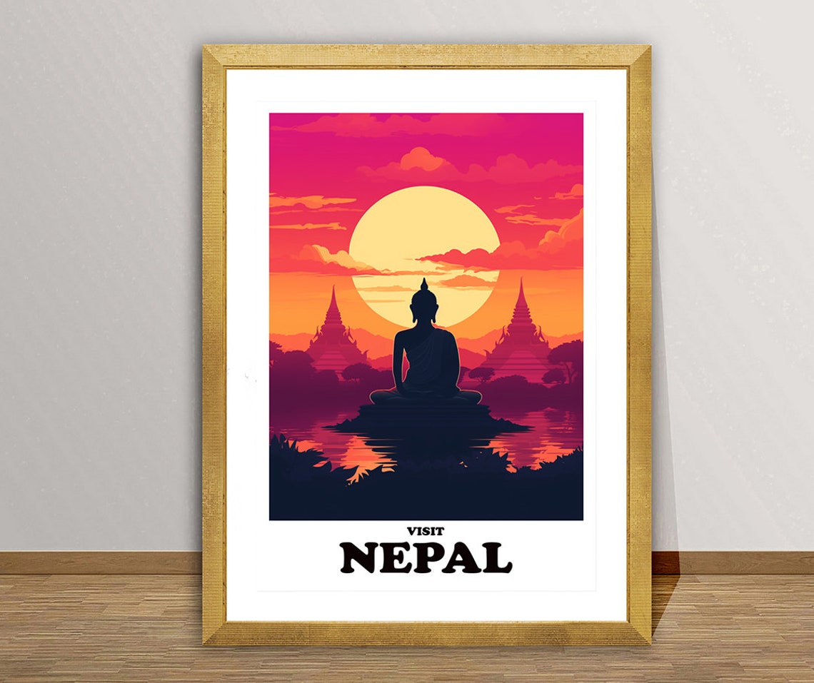 Visit Nepal Buddha Sunset Temples Orange Sky Himalayan Travel Poster