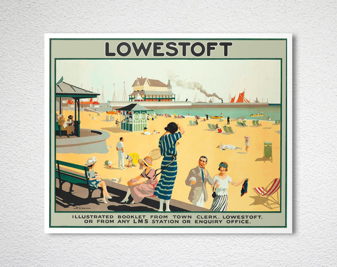Lowestoft England Beach Bandstand Tennis LMS Railway Vintage Poster - Image 2