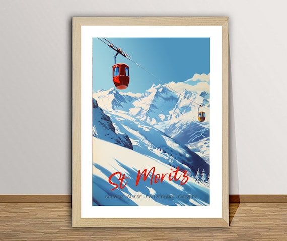 St Moritz Switzerland Red Gondola Cable Car Snowy Peaks Ski Resort Poster
