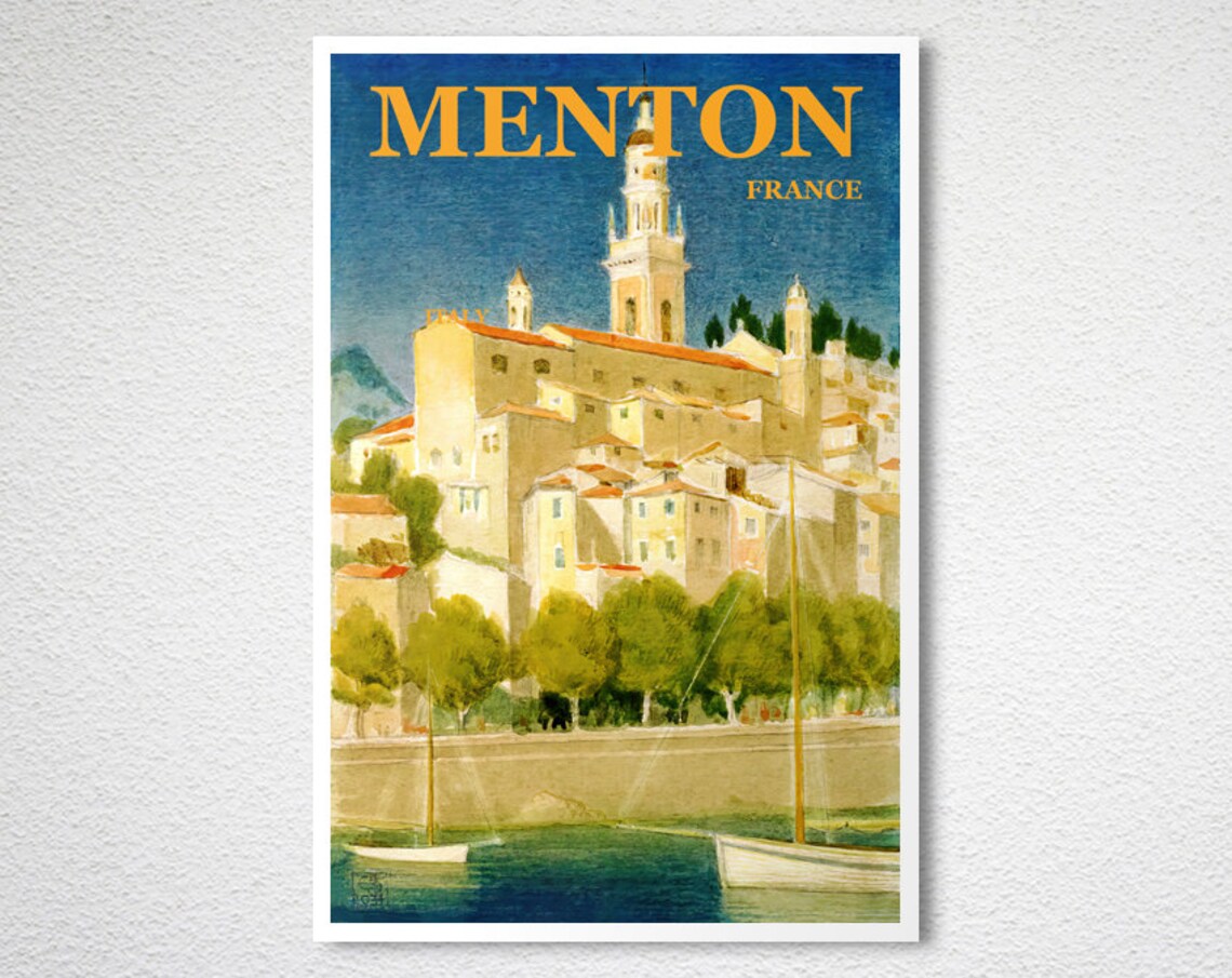 Menton France Old Town Bell Tower Harbor Boats Vintage Travel Poster - Image 2