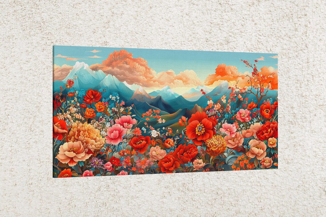 Spring Blossom Field Mountain View Colorful Floral Landscape Art Poster - Image 2