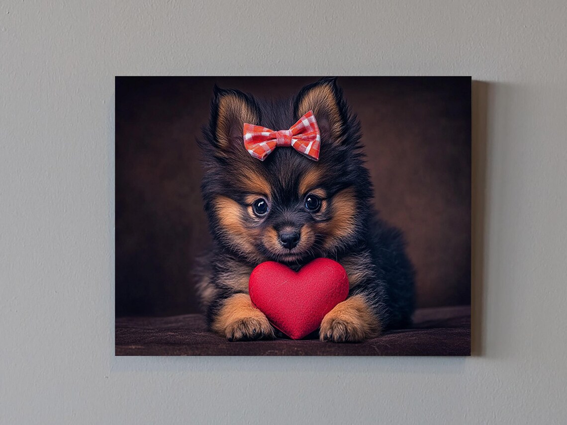 Pomeranian Puppy With Red Bow Holding Heart Valentines Day Art Poster