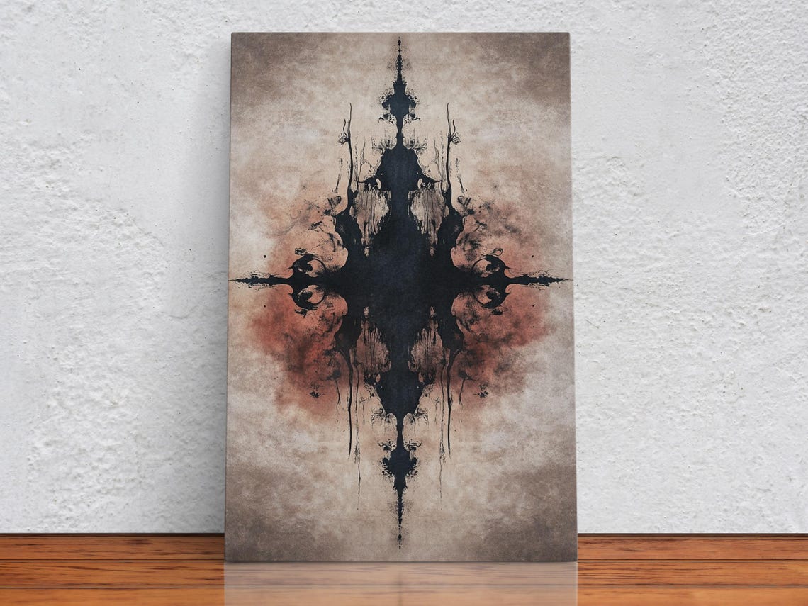 Dark Abstract Symmetric Inkblot Rust Red Wash Moody Wall Art Poster - Image 2
