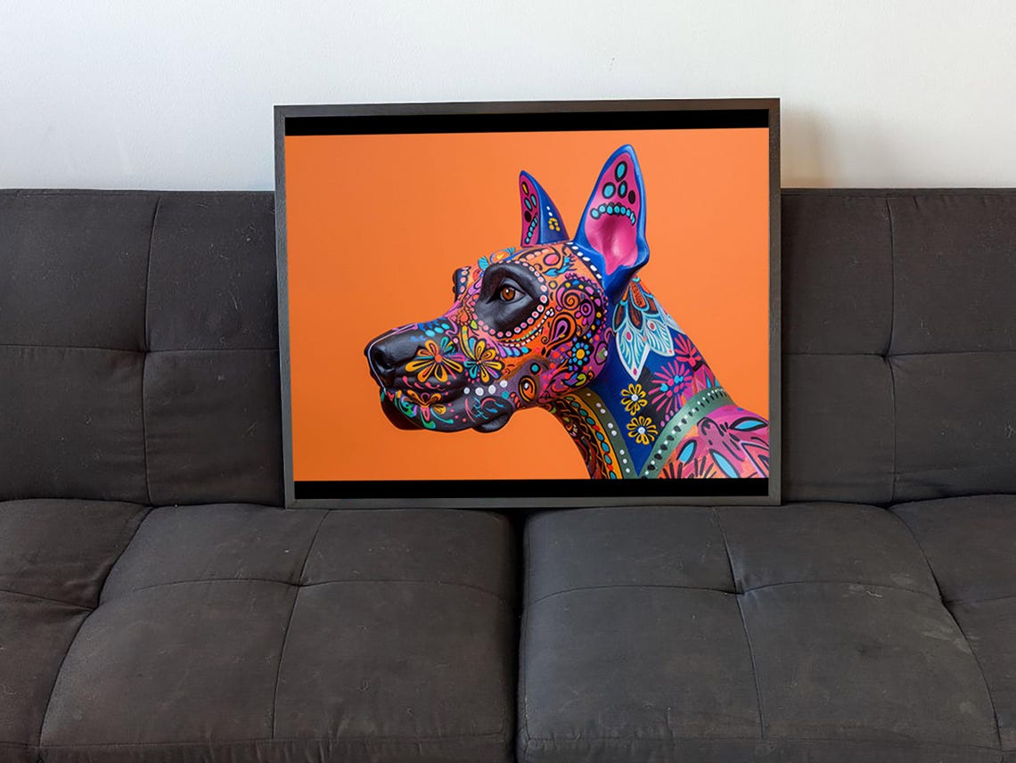 Great Dane Alebrije Colorful Floral Patterns Orange Background Poster - Image 4