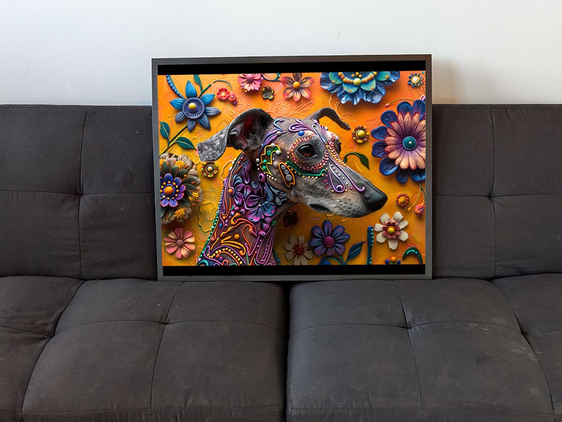 Greyhound Alebrije Floral Patterns Orange Background Folk Art Poster - Image 4