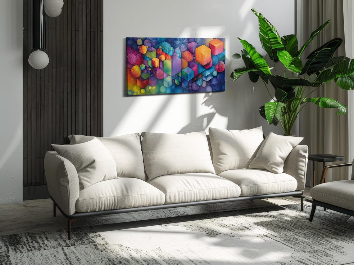 Colorful Floating Cubes And Spheres Rainbow Geometric Art Poster - Image 3