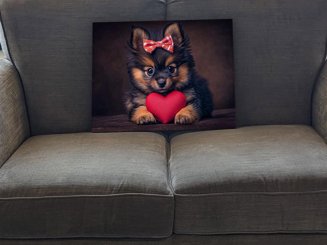 Pomeranian Puppy With Red Bow Holding Heart Valentines Day Art Poster - Image 5
