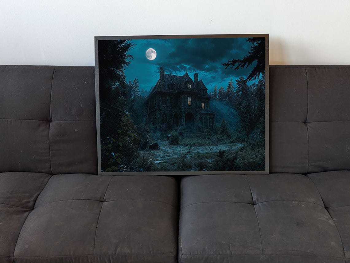 Abandoned Haunted Mansion Full Moon Night Dark Forest Spooky Poster - Image 4