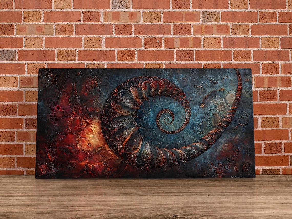 Fiery Spiral Ammonite Fossil Shell Cosmic Teal Abstract Art Poster
