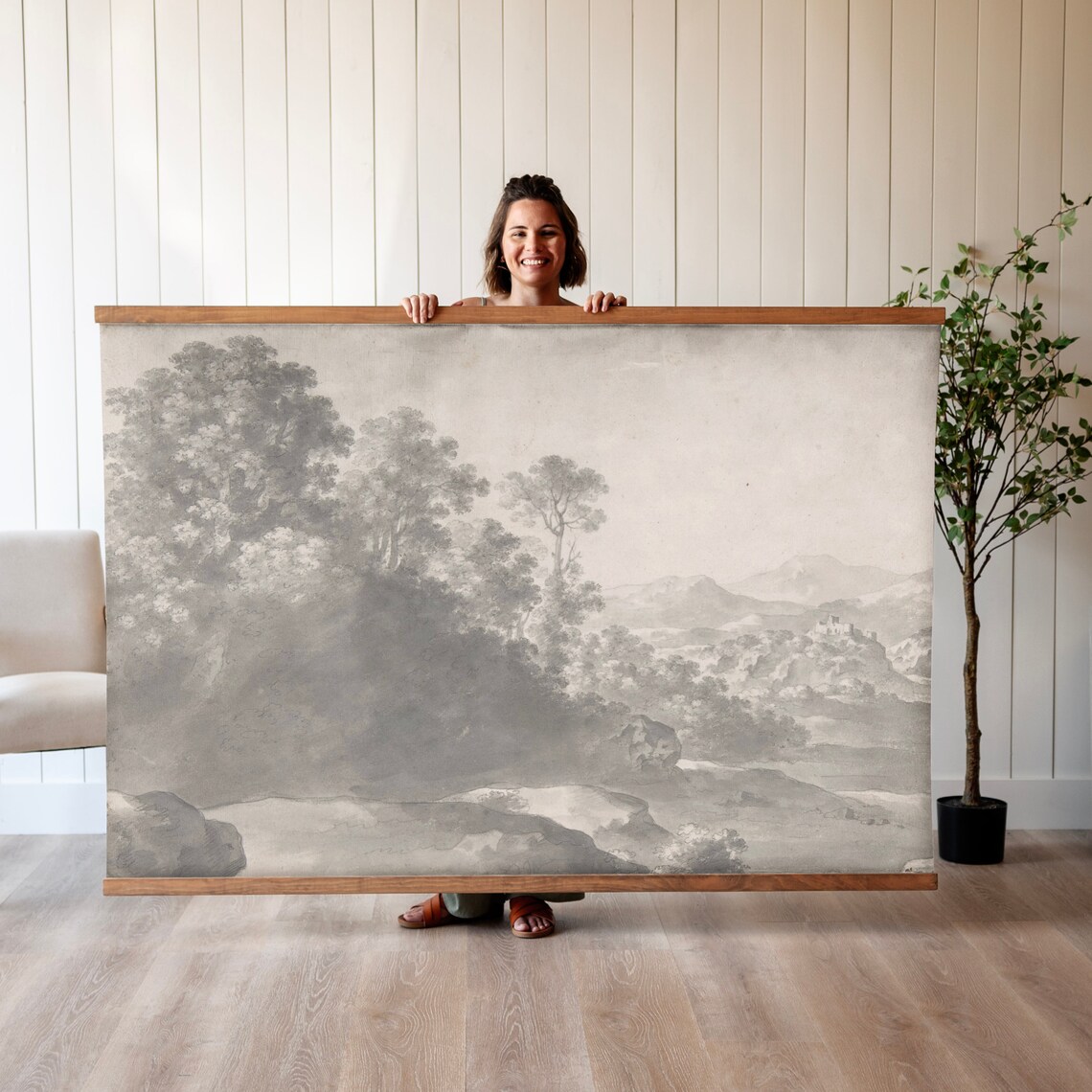 Black and White Vintage Woodland Valley Landscape Sketch Style Poster