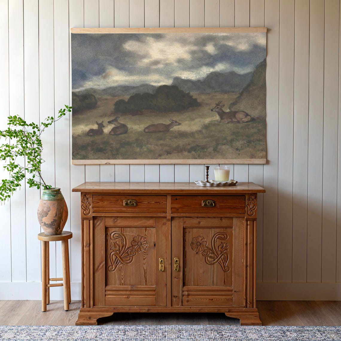 Deer Resting Meadow Moody Vintage Wildlife Oil Painting Poster