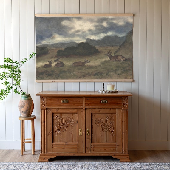Deer Resting Meadow Moody Vintage Wildlife Oil Painting Poster