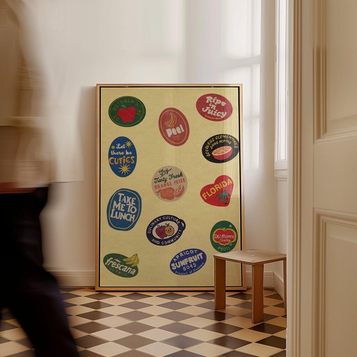 Vintage Fruit Sticker Poster, Retro Kitchen Art Print