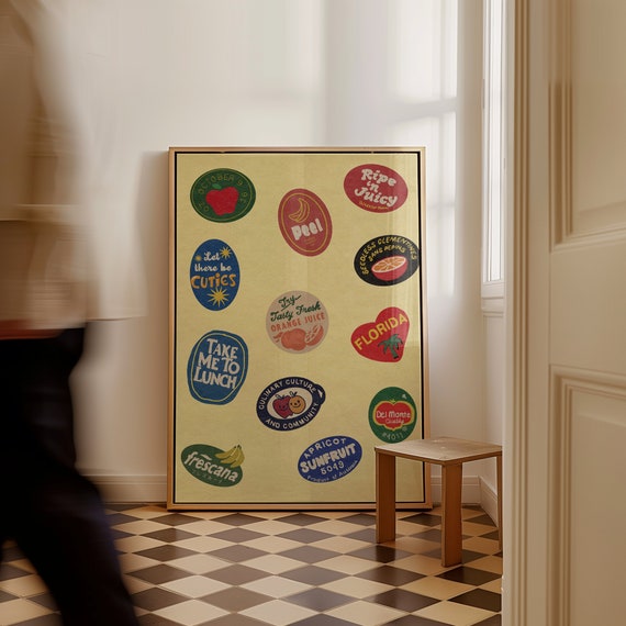 Vintage Fruit Sticker Poster, Retro Kitchen Art Print