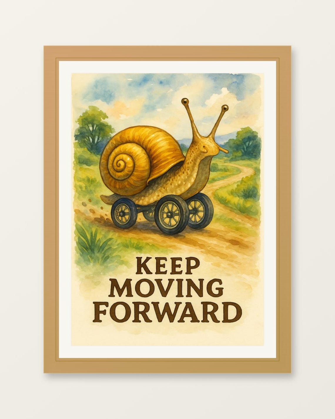 Keep Moving Forward Motivational Snail on Wheels Watercolor Poster