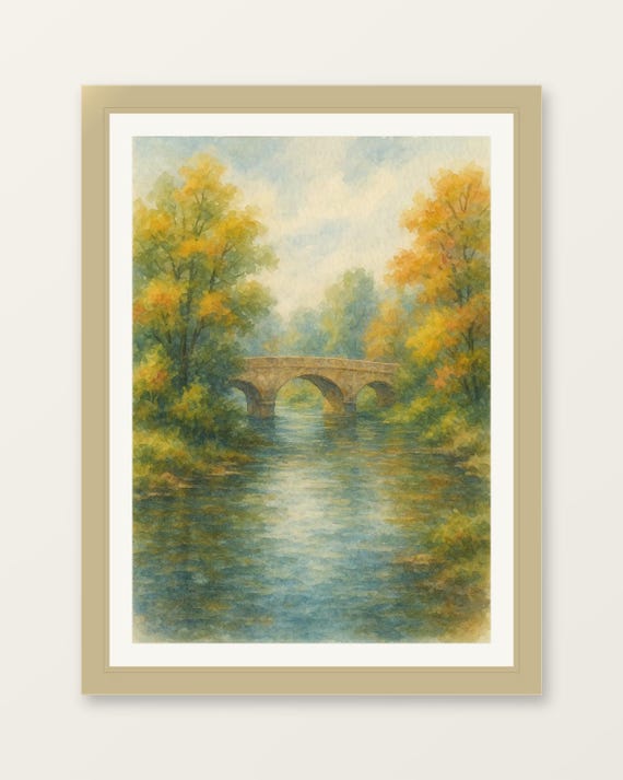 Stone Arch Bridge Over River Autumn Watercolor Landscape Painting Poster