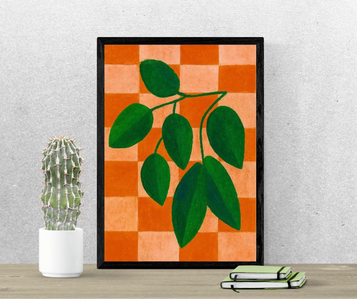 Green Botanical Leaves On Retro Orange Checkerboard Art Poster