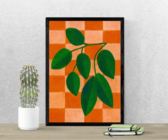 Botanical Leaf Print Orange Checkerboard Modern Wall Art