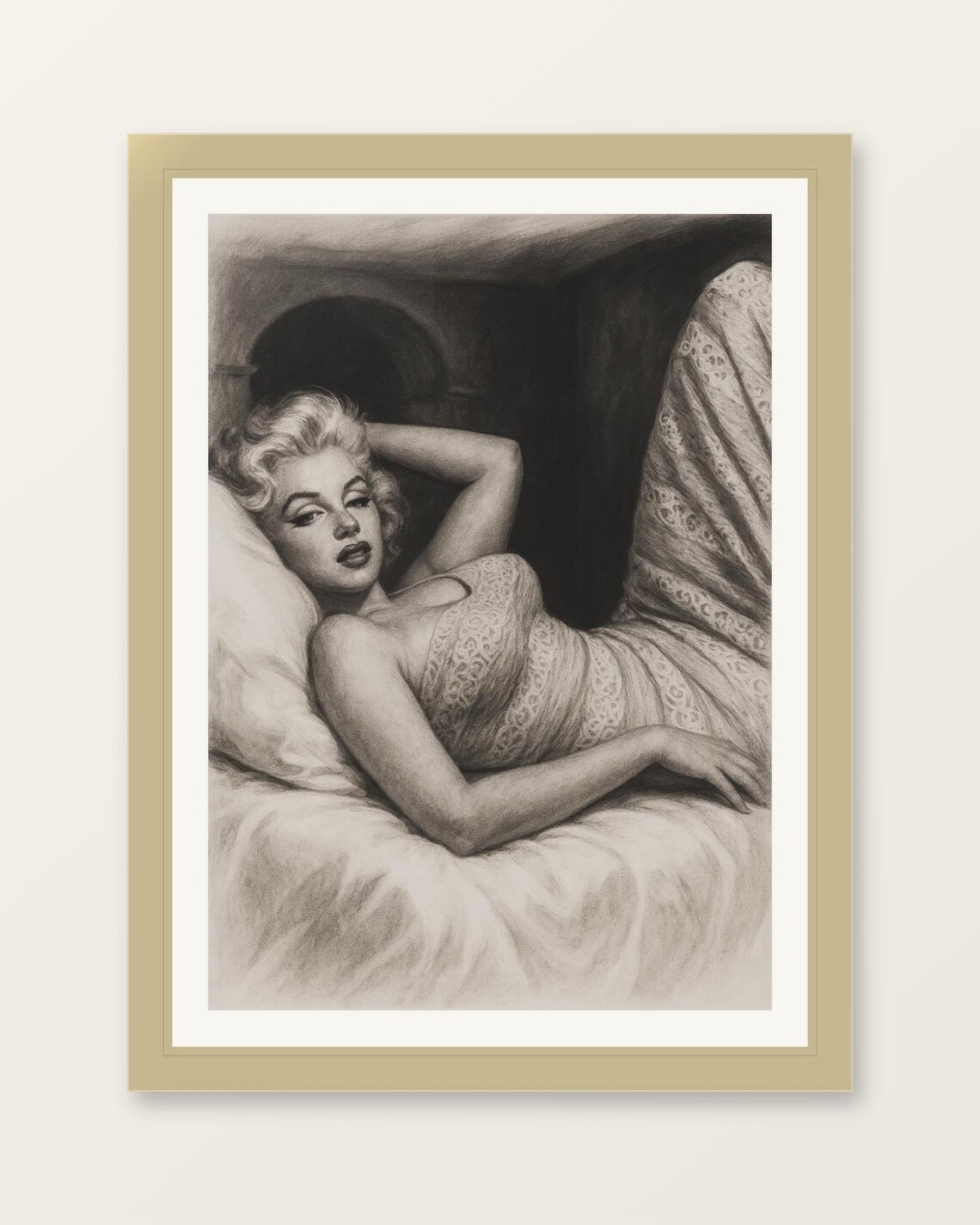 Marilyn Monroe Vintage Charcoal Sketch Reclining Hollywood Icon Art Print