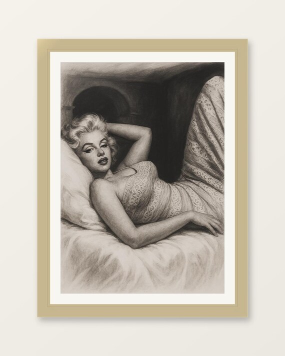 Marilyn Monroe Vintage Charcoal Sketch Reclining Hollywood Icon Art Print