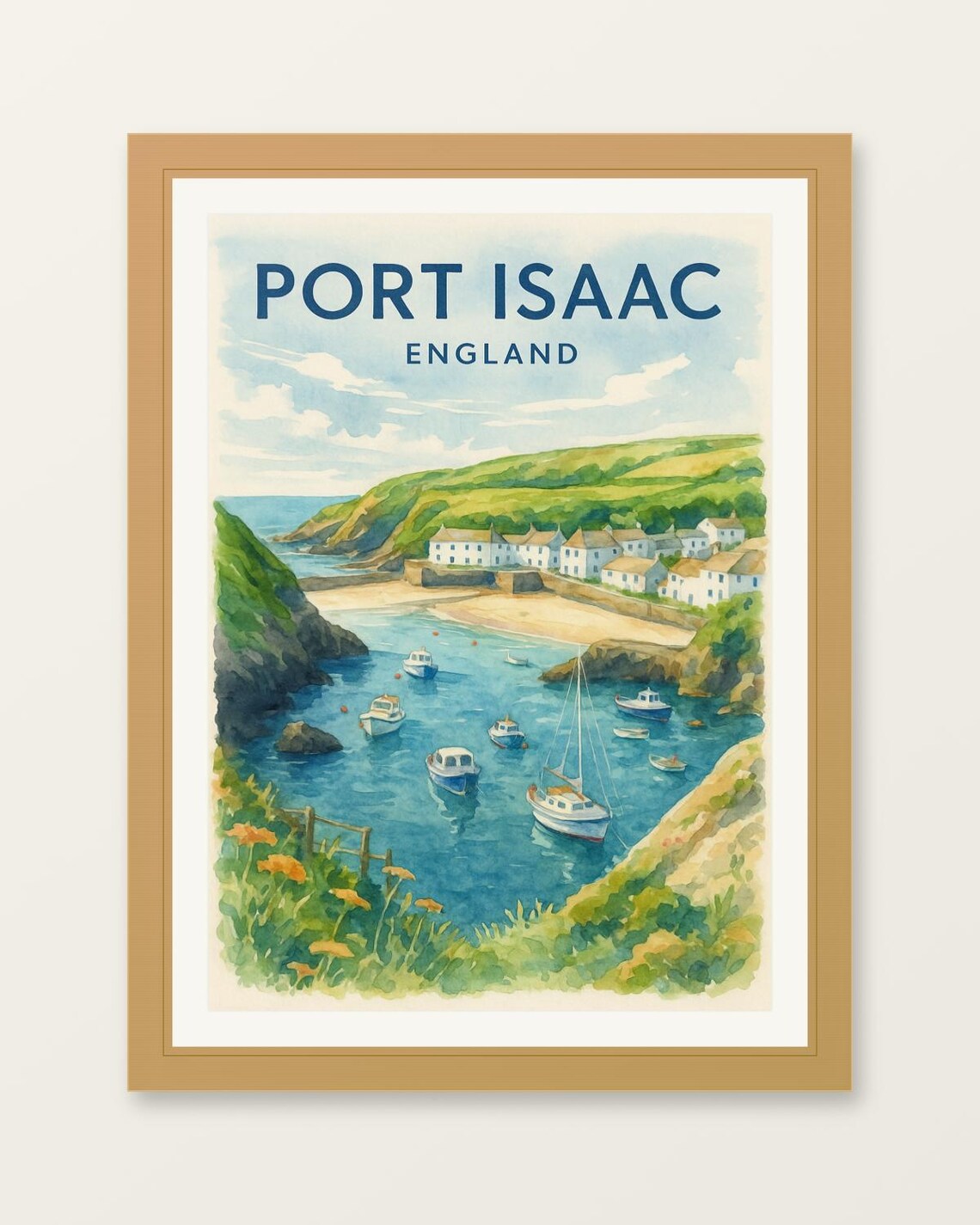 Port Isaac England Watercolor Coastal Harbor Village Travel Poster