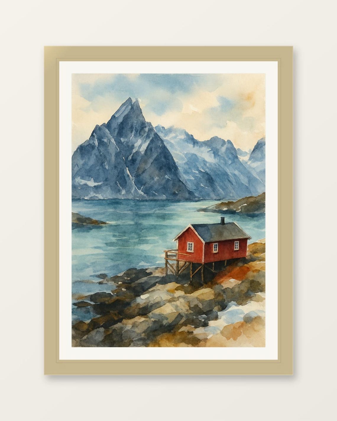 Red Cabin Rocky Shore Sharp Mountain Peaks Watercolor Art Poster