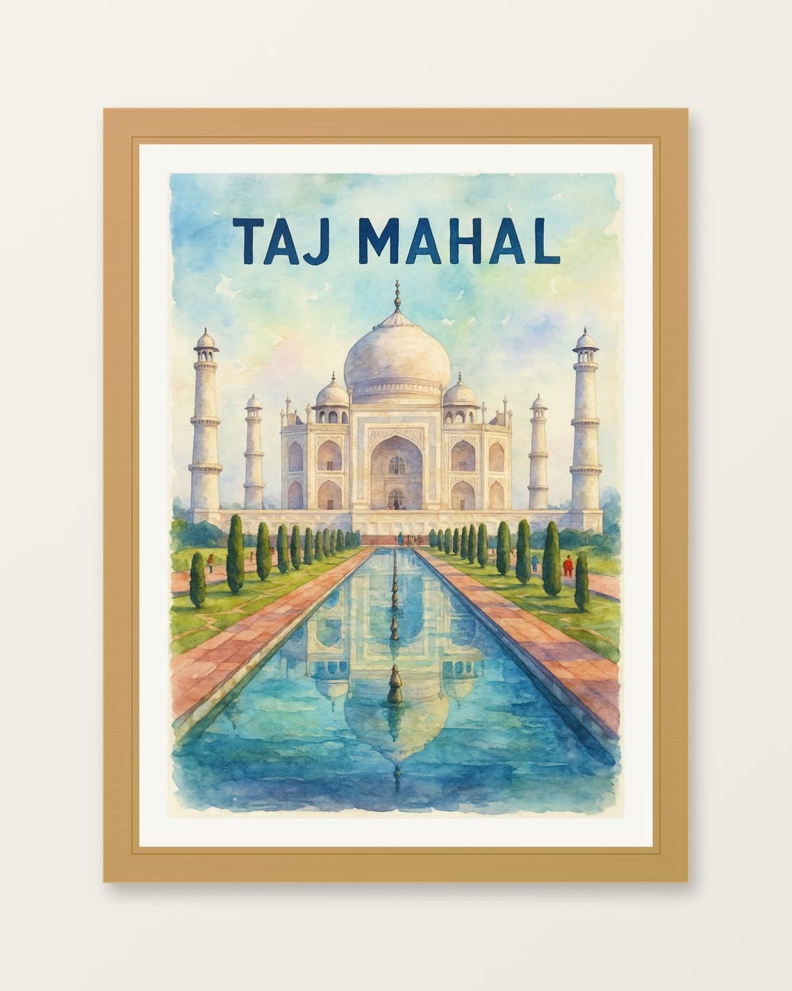 Taj Mahal Watercolor Travel Poster with Dome Reflecting Pool India