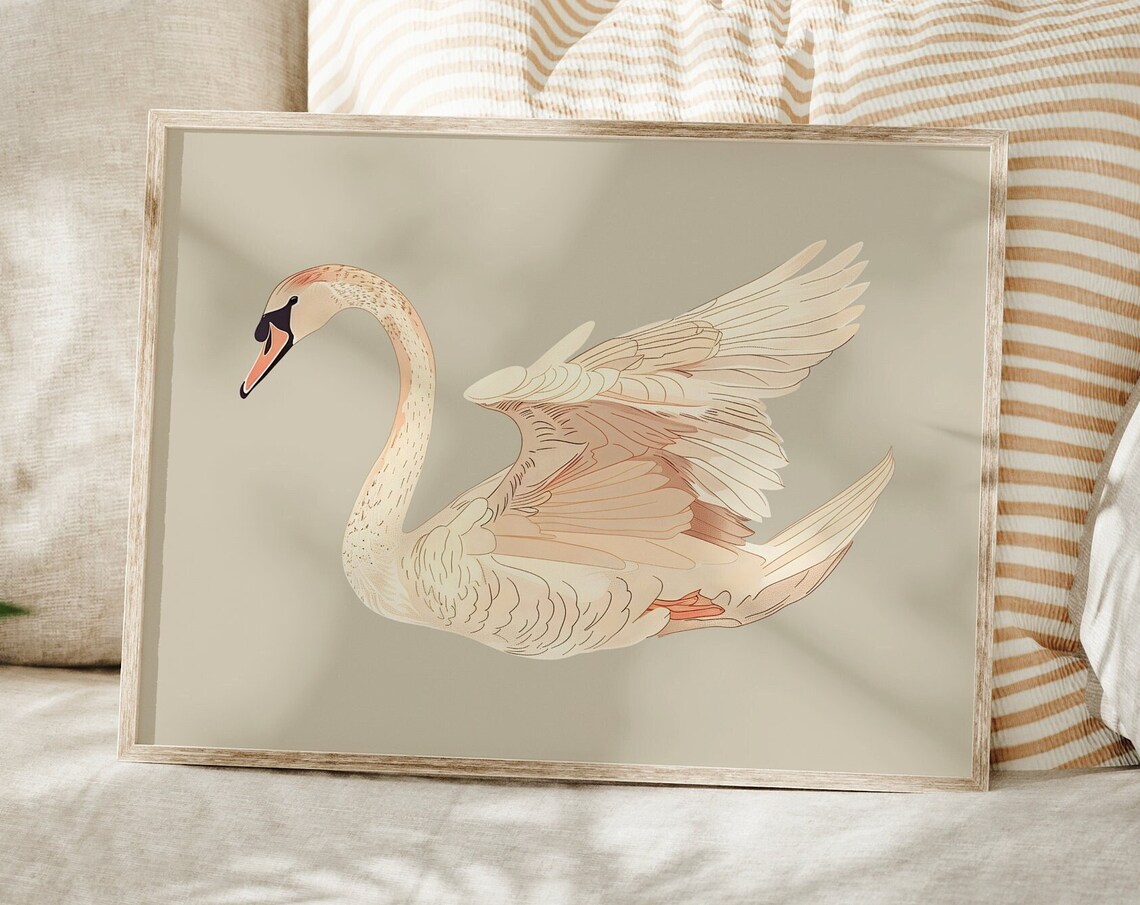 Minimalist Swan Spreading Wings On Calm Neutral Ground Art Print - Image 2