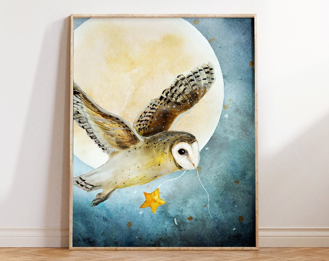 Barn Owl Nursery Art Print, Whimsical Moon Stars