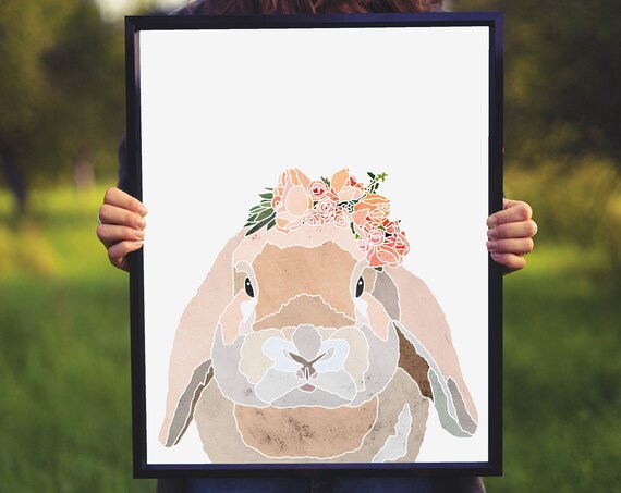 Pink Watercolor Lop Eared Bunny Flower Crown Nursery Animal Poster