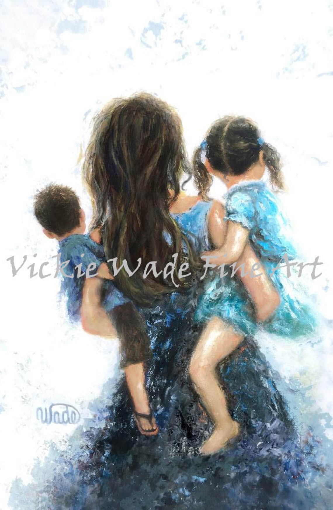 Mother Son And Daughter Art Print Brunette Girl And Boy Sister And Little Brother Mother Carrying Kids Gift Mom Mum Vickie Wade Art