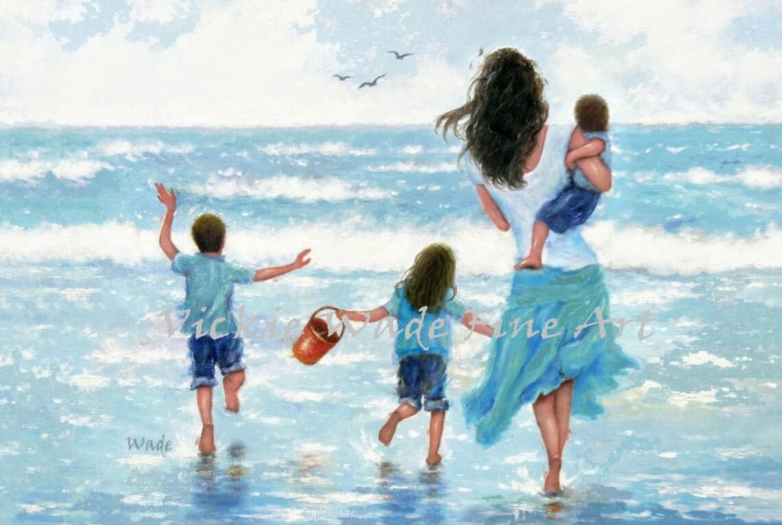 Mother and Three Children Running Joyfully into Ocean Waves Poster